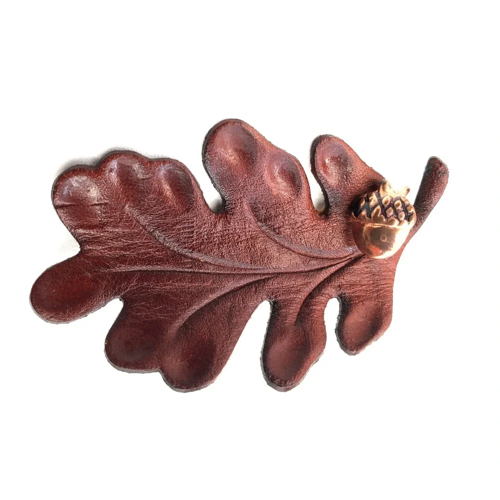 Vintage Oak Leaf & Acorn Leather & Gold Tone Brooch Pin